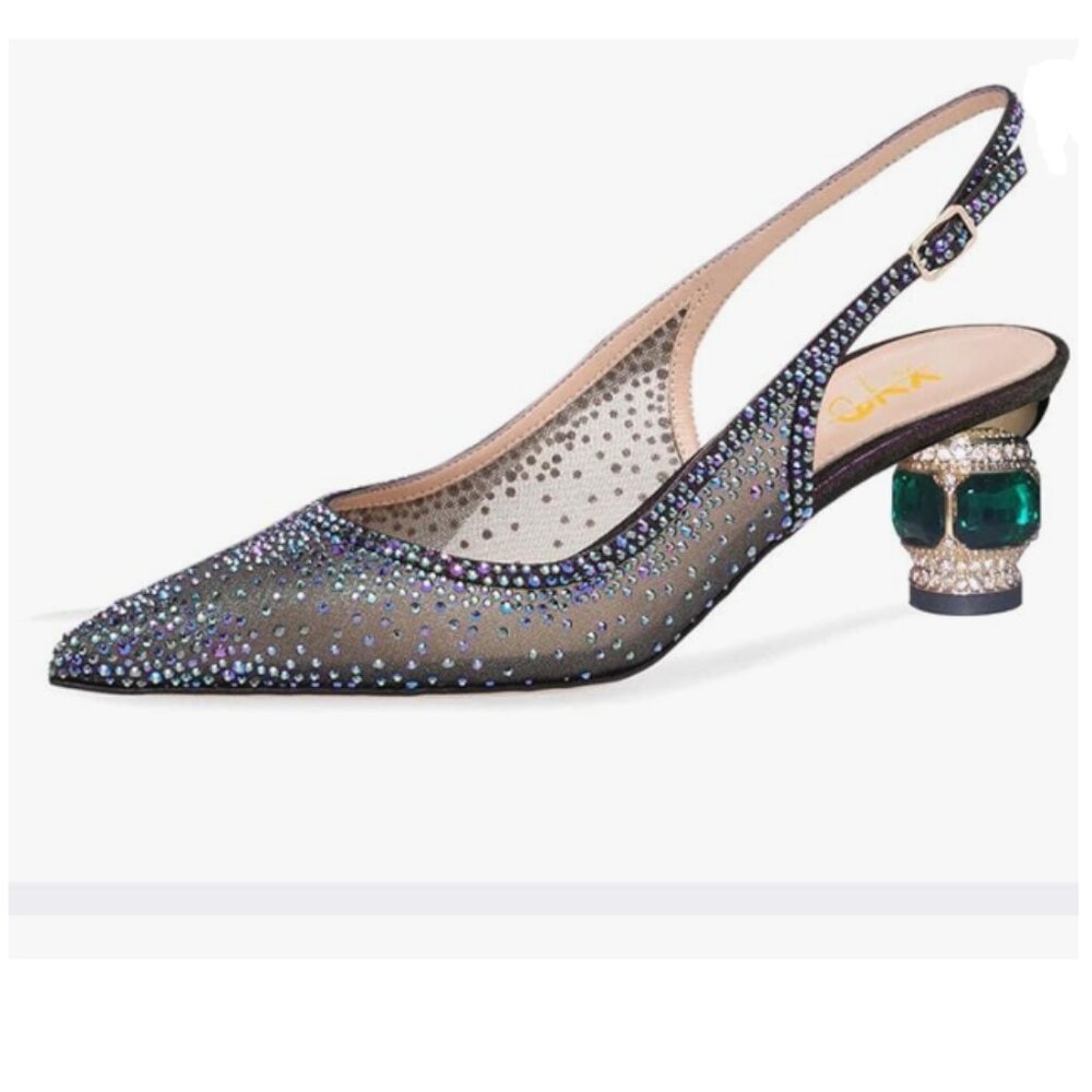 XYD Black Pointed Toe Studded Slingback Chunky Low Heel Rhinestone Sandals Shoes